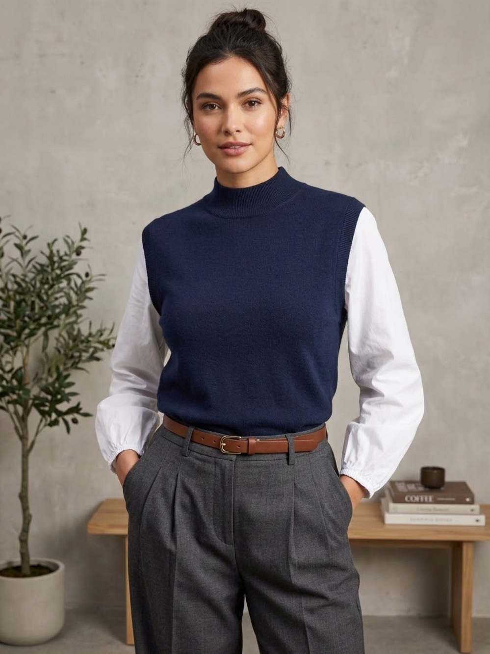 LOFT Navy Mock-Neck Sweater Vest with White Shirt Sleeves